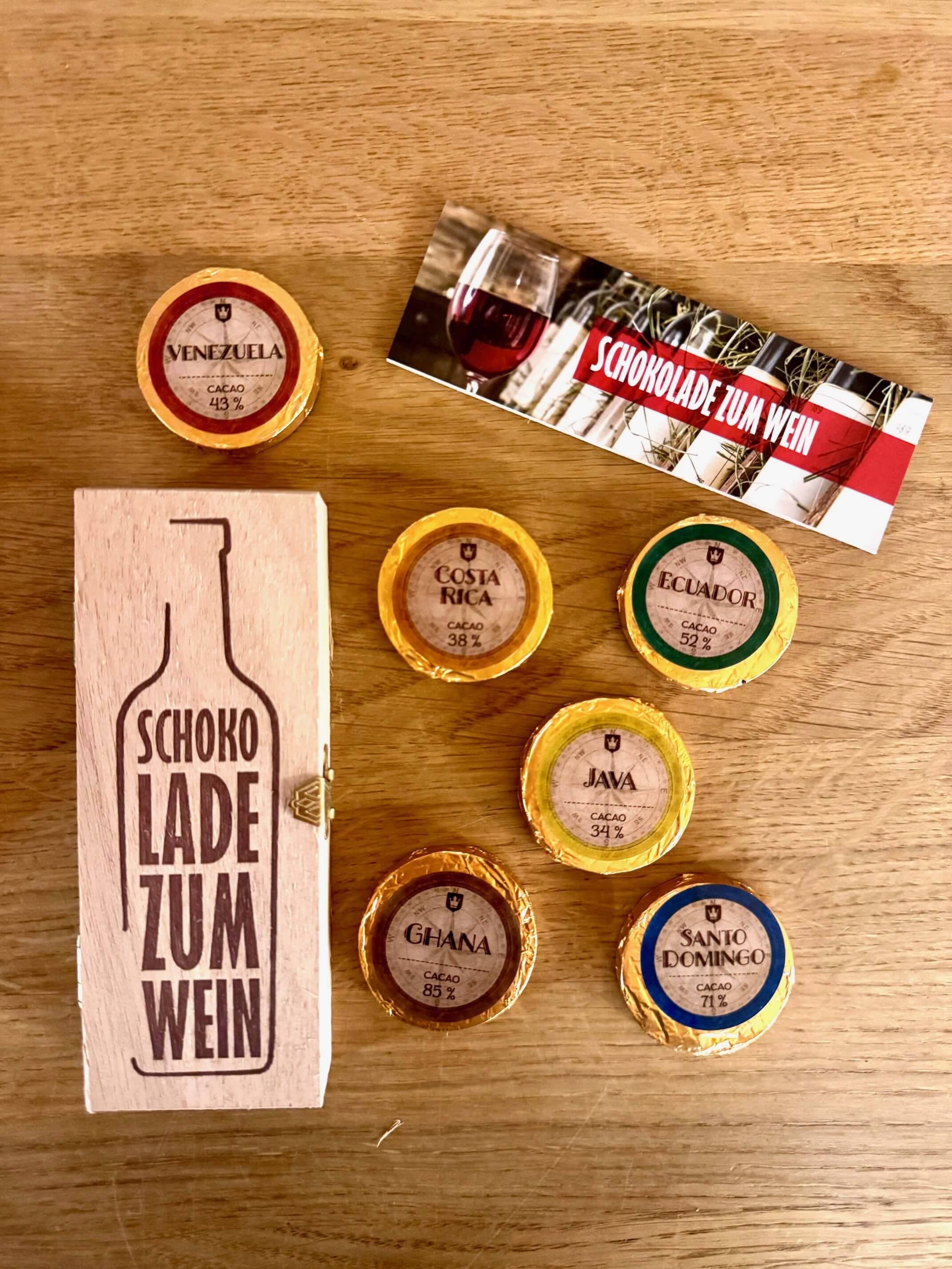 Holzkistchen "Schokolade zum Wein" Holzkistchen "Schokolade zum Wein"